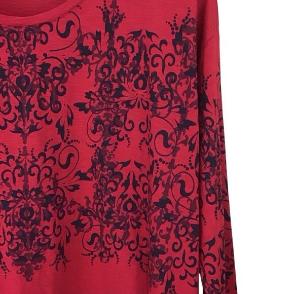 Weekends by Chico’s Red Black Damask 3/4 Sleeve Top 3 (XL) - Picture 2 of 8